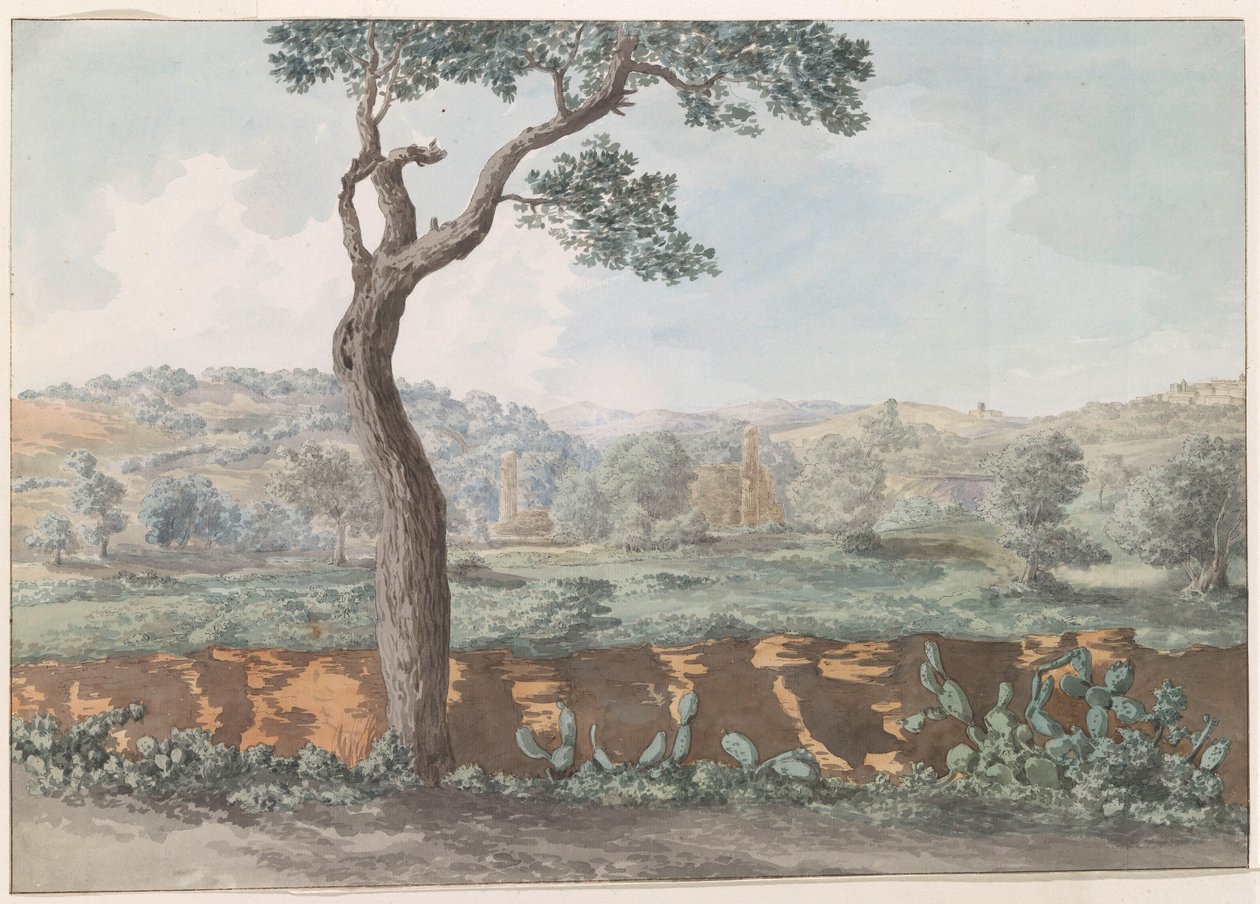 Ruïne van Castor en Pollux tempel binnen muren van oude Agrigento Näkymä Castorin ja Polluxin temppelin raunioista muinaisen Agrigentumin aitauksessa (otsikko esineessä) Matkat Italiassa, Sisiliassa ja Maltassa - 1778 (sarjan nimi) tekijältä Louis Ducros