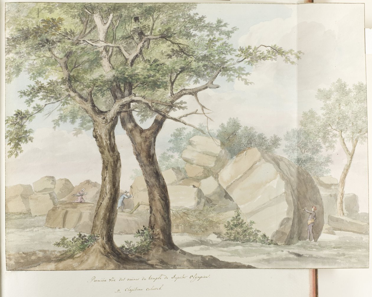 Ruïne van Zeus Olympus -temppeli oude Agrigentossa Ensimmäinen näkymä Olympian Jupiterin temppelin raunioista (otsikko esineessä) Matkat Italiassa, Sisiliassa ja Maltassa - 1778 (sarjan nimi) tekijältä Louis Ducros