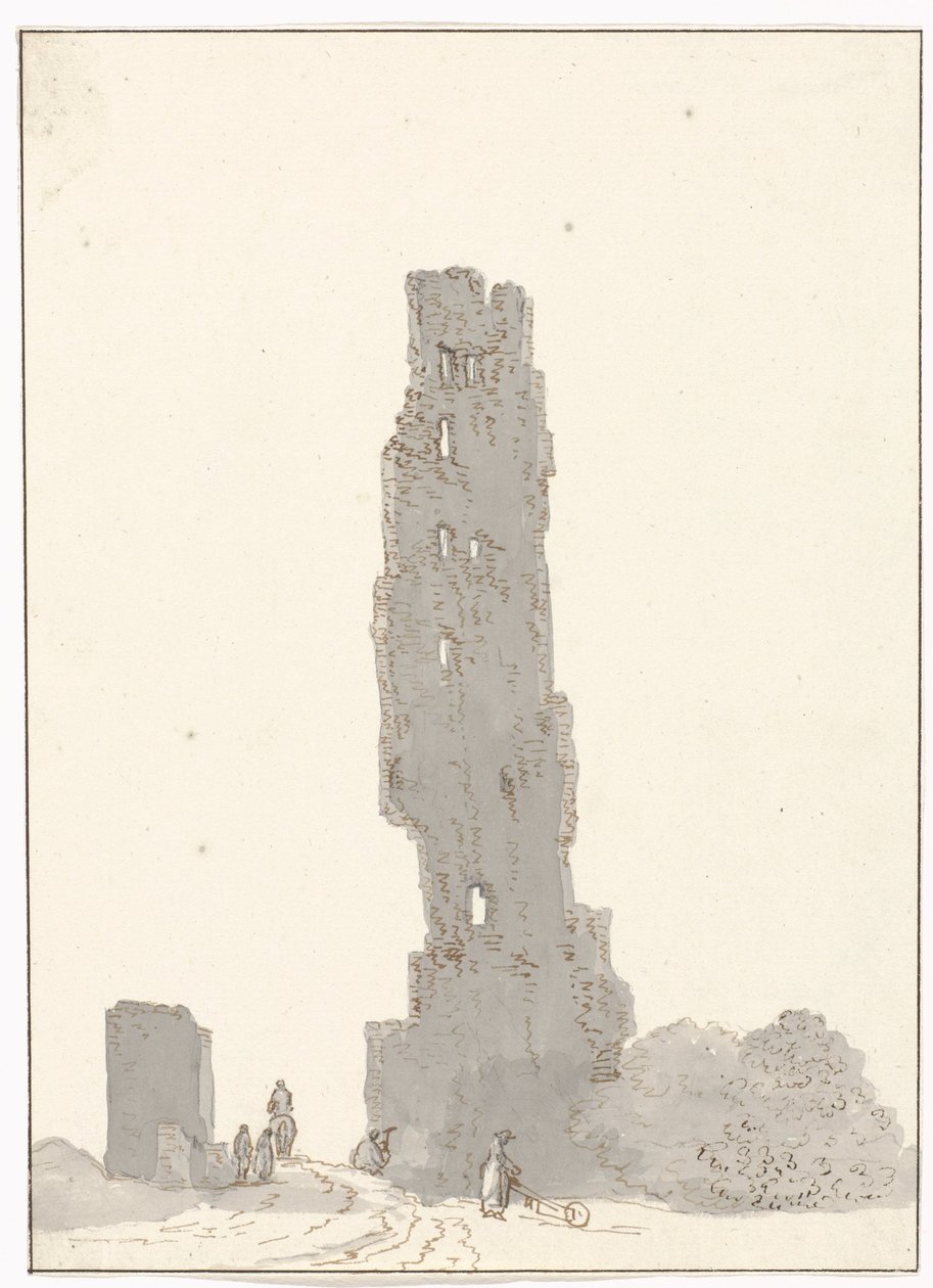 Ruïne van toren langs de grote weg tussen Terracina en Fondi Torre delle sette facciate Terracinan ja Fondin välisellä päätiellä (otsikko esineessä) Matkat Italiassa, Sisiliassa ja Maltassa - 1778 (sarjan nimi) tekijältä Louis Ducros