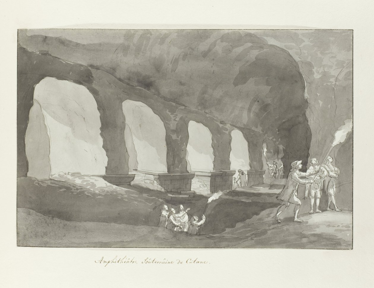 Cataniën maanalainen amfiteatteri Catanian amfiteatteri (otsikko esineessä) Matkat Italiassa, Sisiliassa ja Maltassa - 1778 (sarjan nimi) tekijältä Louis Ducros