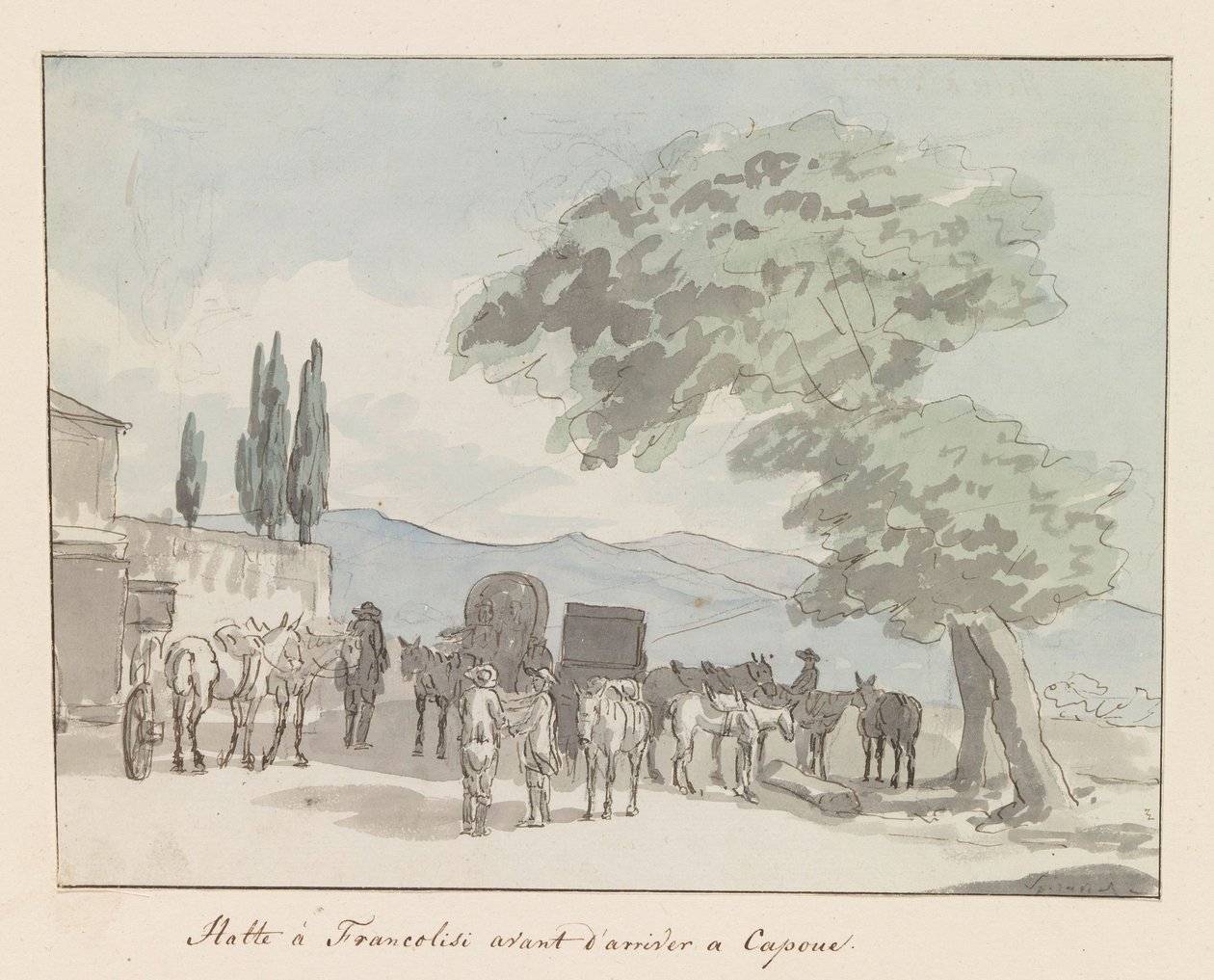 Pysähdy Francolisi voor aankomstissa Capuassa Pysähdy Francolisissa ennen saapumistasi Capuaan (otsikko esineessä) Matkat Italiassa, Sisiliassa ja Maltassa - 1778 (sarjan nimi) tekijältä Louis Ducros
