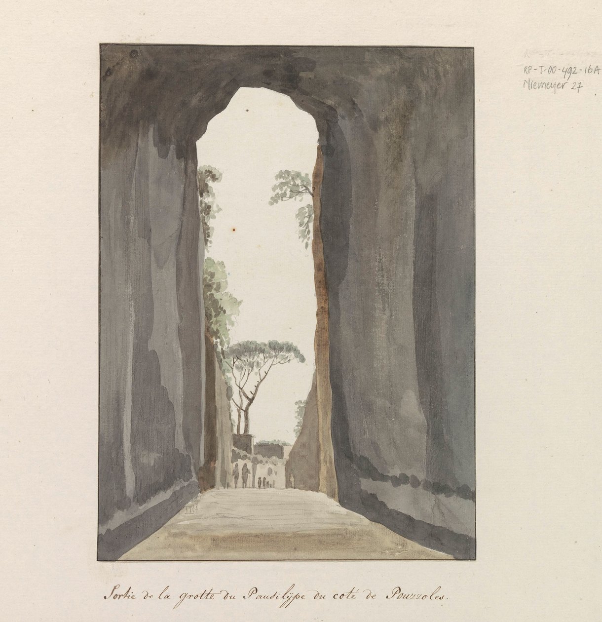 Uitgang van grot Crypta Neapolitana (Grotta di Posillipon) aan de kust van Pozzuoli Uloskäynti Pausilype-luolasta lähellä Pozzuolia (otsikko esineessä) Matkat Italiassa, Sisiliassa ja Maltassa - 1778 (sarjan nimi) tekijältä Louis Ducros