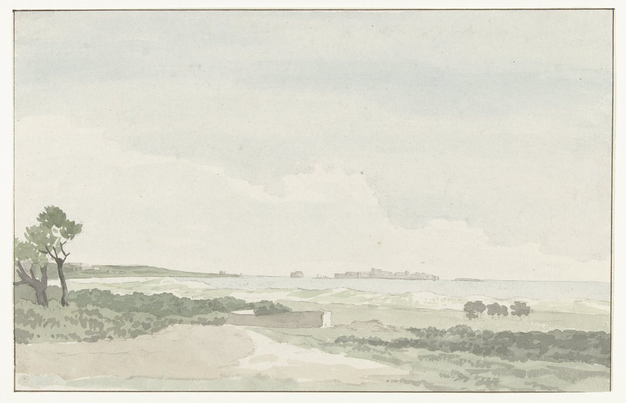 Vergezicht met de Stad Gallipoli Etäinen näkymä Gallipolin kaupunkiin (otsikko esineessä) Matkat Italiassa, Sisiliassa ja Maltassa - 1778 (sarjan nimi) tekijältä Louis Ducros