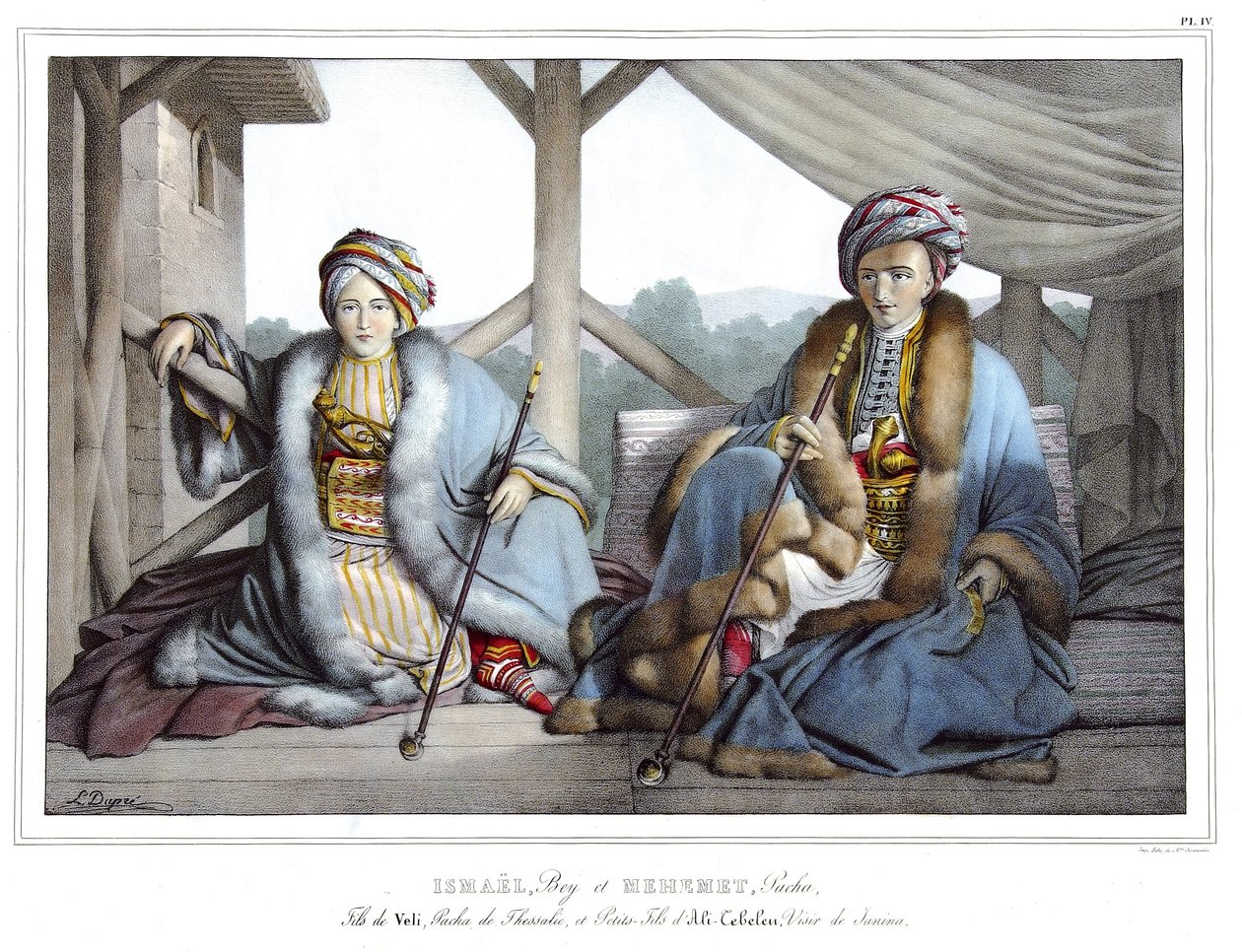 Ismael, Bey ja Mehemet Pasha, Velin poika, Thessalian pasha ja Ali Tebelenin pojanpoika (1741-1822), Janinan visiiri, kirjassa "" Matka Ateenaan ja Konstantinopoliin" tai kokoelma kreikkalaisia ja ottomaanien muotokuvia, näkymiä ja pukuja, maalattu luonnon tekijältä Louis Dupré