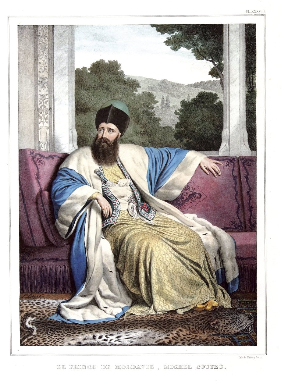 Moldovan prinssi Michael Soutzo (1729-1830). teoksessa "Matka Ateenaan ja Konstantinopoliin" tai kokoelma kreikkalaisia ja ottomaanien muotokuvia, näkymiä ja pukuja, jotka on maalattu luonnon paikkoihin, litografioita ja värejä Louis Dupren (1789-1837), Da tekijältä Louis Dupré