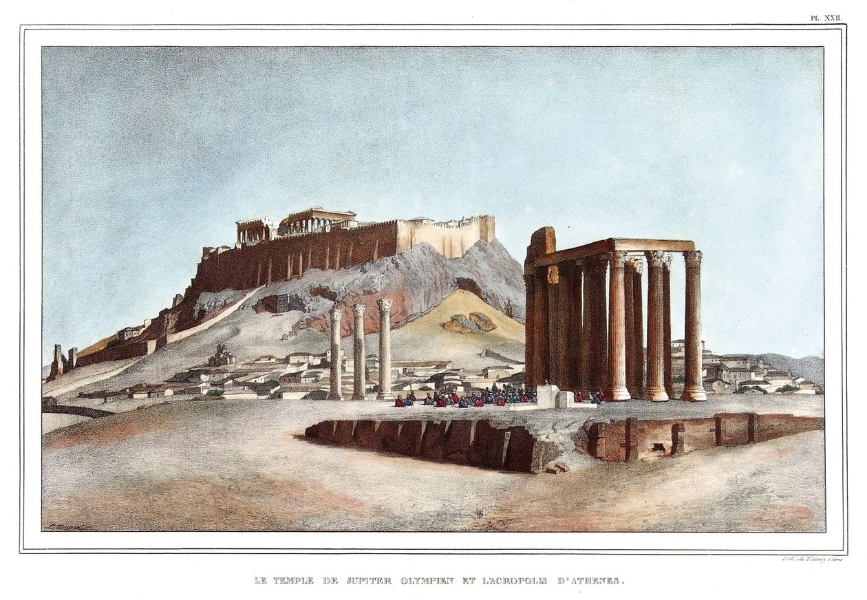 Olympian Jupiterin temppeli ja Ateenan akropolis. teoksessa "Matka Ateenaan ja Konstantinopoliin" tai kokoelma kreikkalaisia ja ottomaanien muotokuvia, näkymiä ja pukuja, jotka on maalattu luonnon paikkoihin, litografiat ja värit Louis Dupre (1789-1837), p tekijältä Louis Dupré