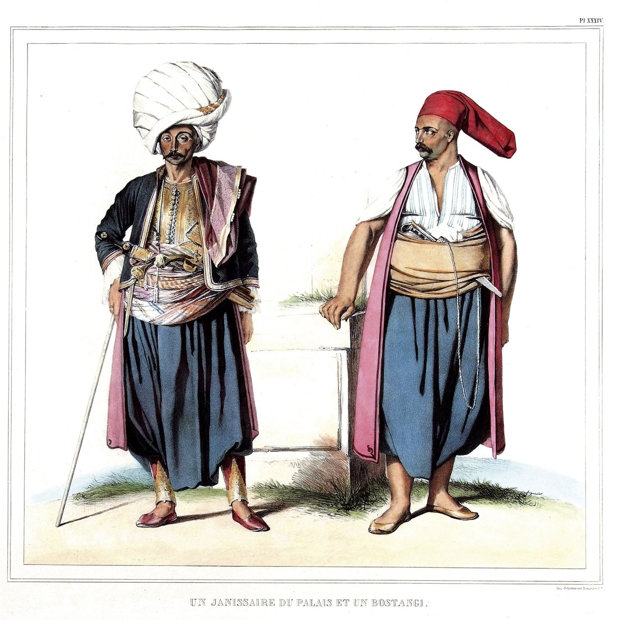 Palatsin Janissary ja bostangi (serail-puutarhuri). teoksessa "Matka Ateenaan ja Konstantinopoliin" tai kokoelma kreikkalaisia ja ottomaanien muotokuvia, näkymiä ja pukuja, jotka on maalattu Louis Dupren (1789-183) luonnonpaikkoihin, litografioihin ja väri tekijältä Louis Dupré