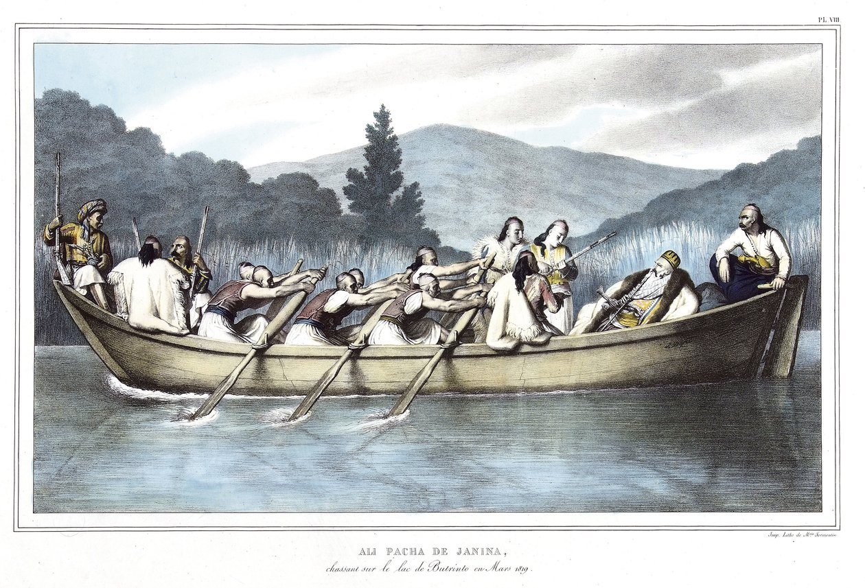 Ali Pasha de Janina (1741-1822), metsästämässä Butrinto-järvellä maaliskuussa 1819. "" Matka Ateenaan ja Konstantinopoliin tai kokoelma kreikkalaisia ja ottomaanien muotokuvia, näkymiä ja pukuja, jotka on maalattu luonnon jälkeisiin paikkoihin, Louisin lit tekijältä Louis Dupré