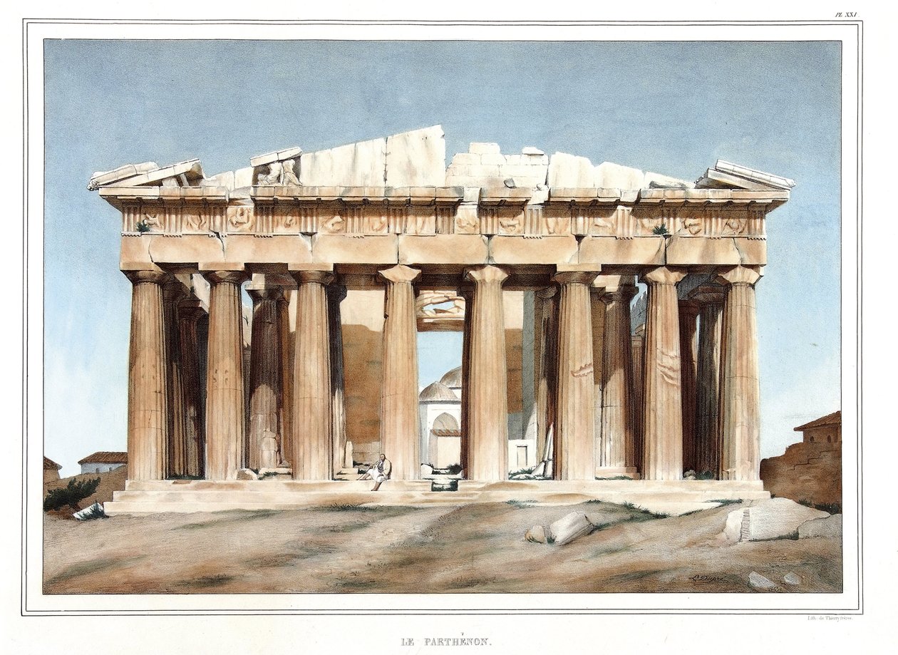Le Parthenon. teoksessa "" Matka Ateenaan ja Konstantinopoliin" tai kokoelma kreikkalaisia ja ottomaanien muotokuvia, näkymiä ja pukuja, jotka on maalattu jälkiluonnon paikkoihin, litografioita ja koloreita Louis Dupren (1789-1837), Davidin oppilaan.1825. tekijältä Louis Dupré
