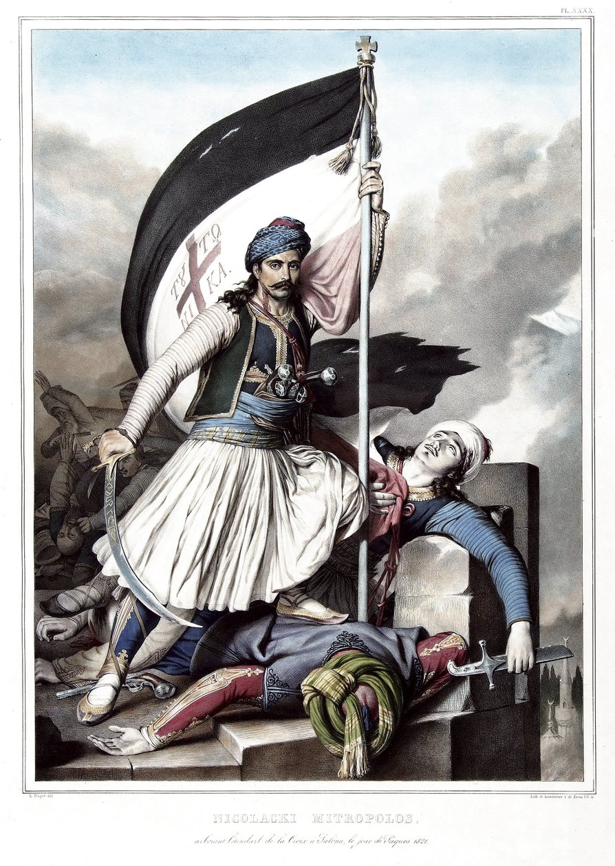 Nikolacki Nitropolos, joka käyttää Ottomaanien valtakunnasta otettua Salonan linnoituksen ristiä, pääsiäispäivä 1821. "" Matka Ateenaan ja Konstantinopoliin tai kokoelma kreikkalaisia ja ottomaanien muotokuvia, näkymiä ja pukuja, maalattu tekijältä Louis Dupré