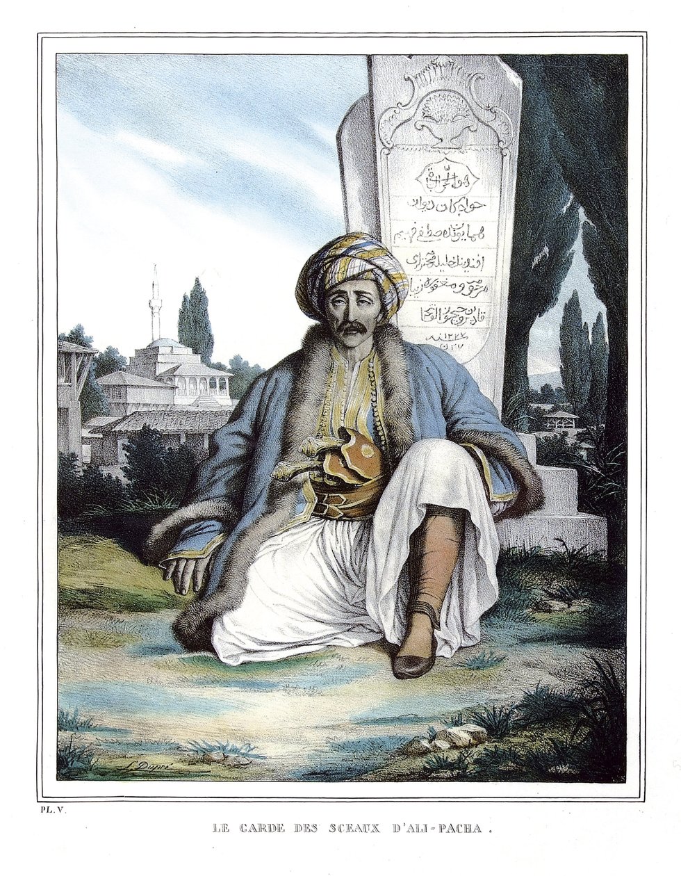 Ali Pasha de Janinan (1741-1822) sinettien vartija teoksessa "Matka Ateenaan ja Konstantinopoliin" tai kokoelma kreikkalaisia ja ottomaanien muotokuvia, näkymiä ja pukuja, jotka on maalattu Louis Dupren luonnonpaikkoihin, litografioihin ja väreihin (1789-1 tekijältä Louis Dupré