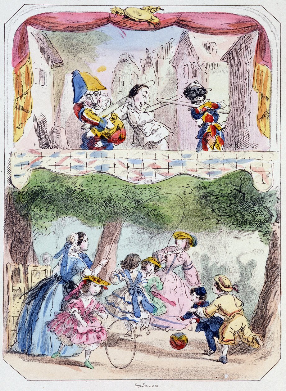 Polichinelle precepteur - litografia, teoksesta Theatre des marionnettes du jardin des Tuileries, teksti ja piirros Louis Edmond Duranty (1833-1880), Pariisi. tekijältä Louis Edmond Duranty