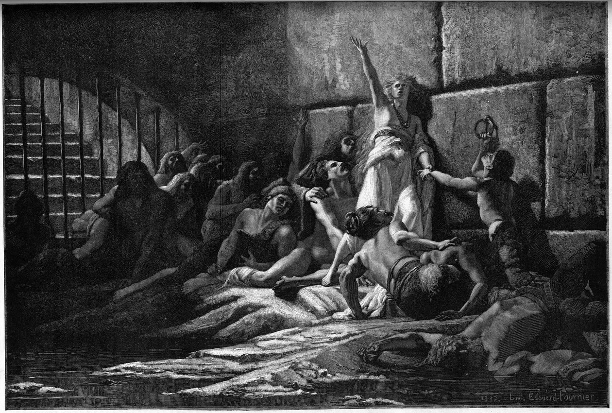Kaiverrus, joka kuvaa Velledaa, taimien profeettaa, Edouard Fournierin maalauksesta vuodelta 1887. tekijältä Louis Edouard Paul Fournier