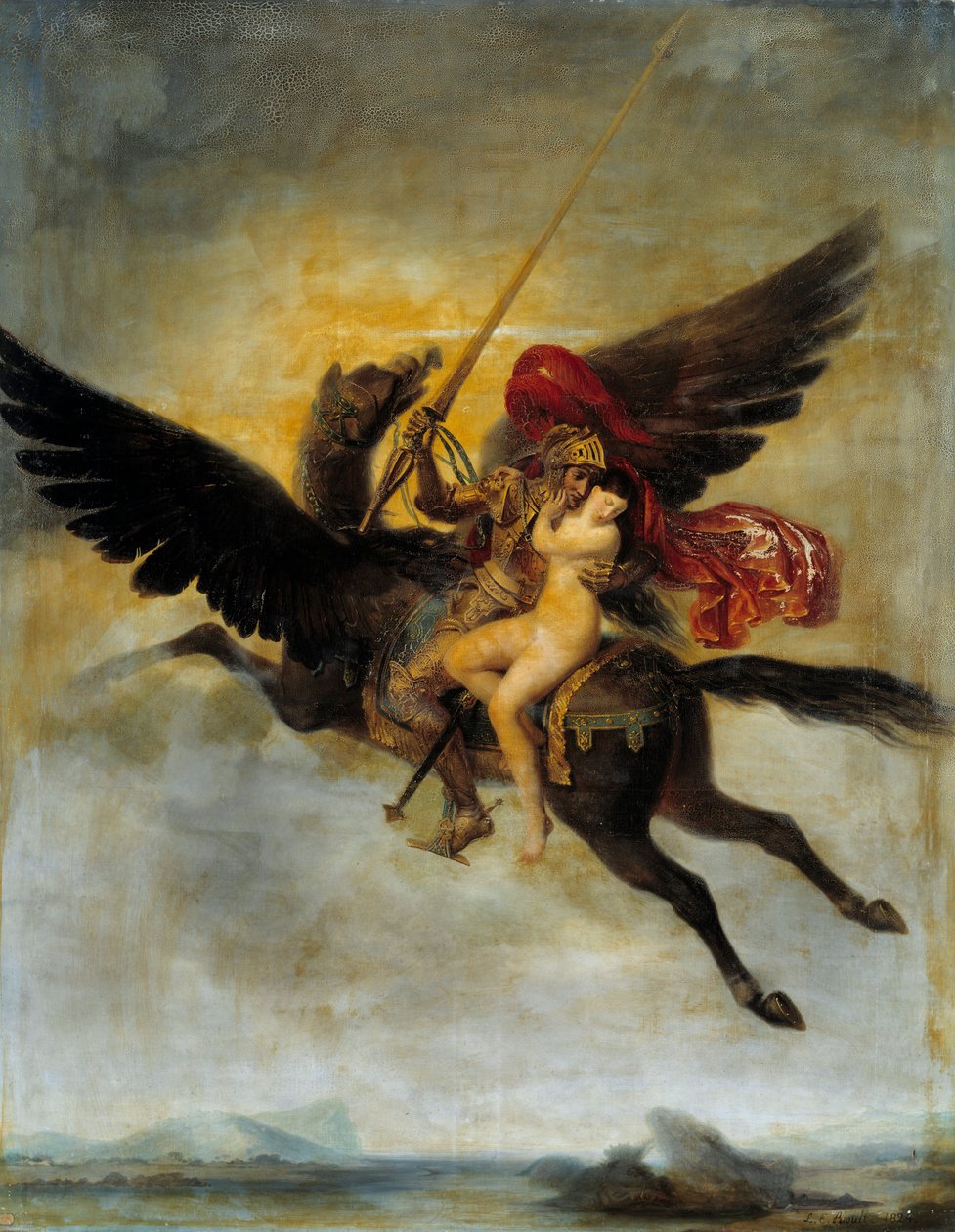 Roger Rides on a Hippoclaw julkaisee Roger Delivering Angelique Angeliquen Delivered to a Monster by Pirates. Kuvitus: Ludovic Ariosto (Ariosto) "" The Furious Roland" -kirjaan. Louis Edward Rioultin (1790-1855) maalaus 1824 su. 2 tekijältä Louis Edouard Rioult