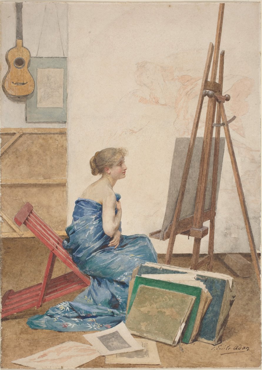 Maalarin studio, jossa malli on kääritty japanilaiseen silkkiin tekijältä Louis Emile Adan