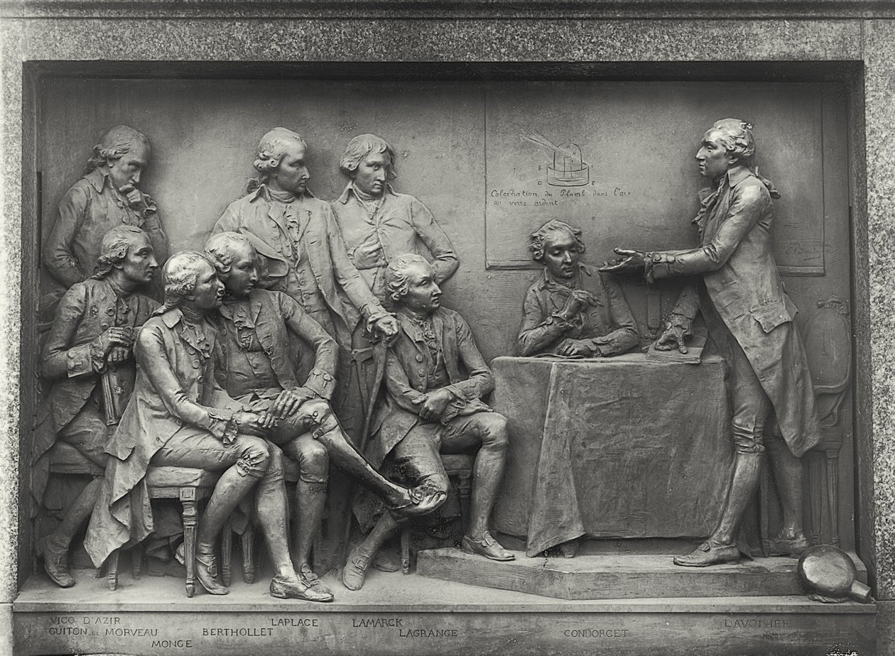 Antoine Laurent Lavoisier (1743-94) selittää ilma-analyysiään kollegoilleen (pronssi) (m/v kuva) tekijältä Louis Ernest Barrias