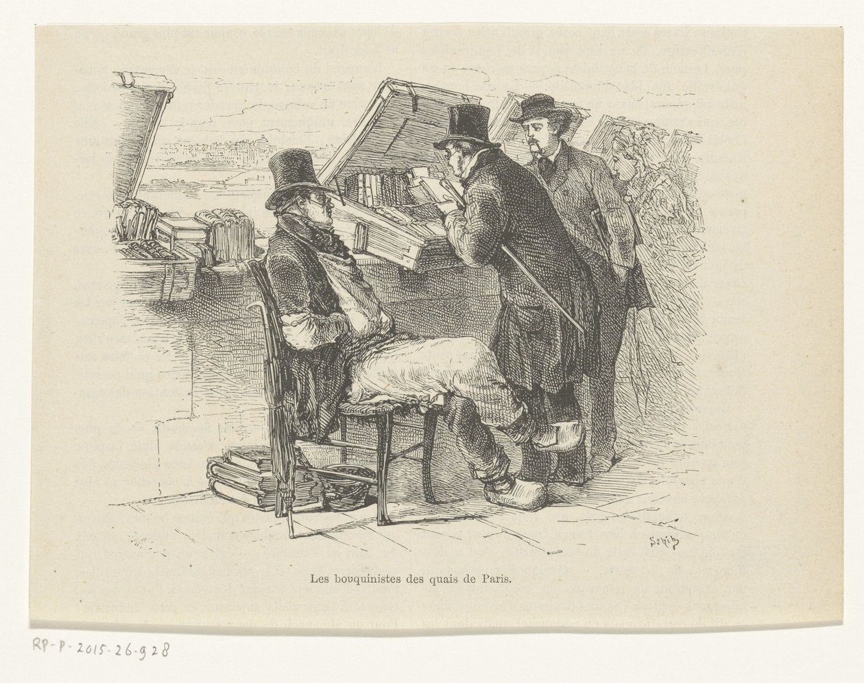 Kirjakauppias laiturilla Pariisissa Les bouquinistes des quais de Paris (otsikko esineessä) tekijältä Louis Ernest Lesage