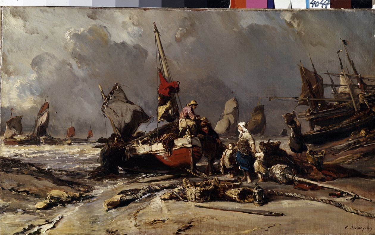 ""Myrskyn jälkeen"" (Myrskyn jälkeen) Kalastaja löytää perheensä myrskyn jälkeen. Louis Gabriel Eugene Isabeyn (1803-1886) maalaus 1869 Mitat 36,5x60 cm Eremitaaši, Pietari tekijältä Louis Eugene Gabriel Isabey