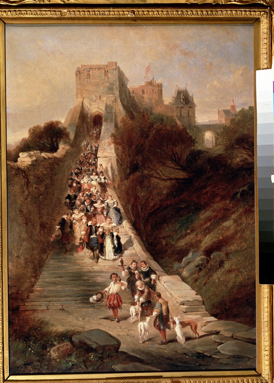 ""Poistumassa linnasta"" (Leaving the castle) Ryhmä 1600-luvun herroja ja naisia ​​laskeutumassa linnan suuresta sisäänkäynnin portaista. Louis Gabriel Eugene Isabeyn (1803-1886) maalaus 1800-luvun Pushkin-museo, Moskova tekijältä Louis Eugene Gabriel Isabey