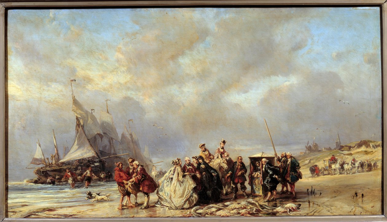 Lordit scheveninguen rannalla ostamassa kalaa (1700-luku). Louis Gabriel Eugene Isabeyn (1803-1886) maalaus tekijältä Louis Eugene Gabriel Isabey