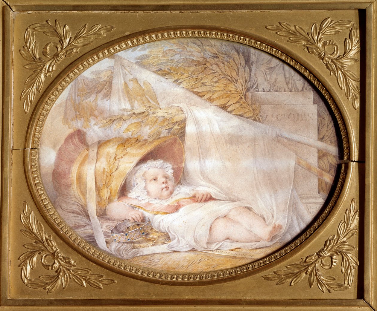 Muotokuva Rooman kuninkaan bebestä (1811-1832) Mars Napoleon II:n kypärässä, Reichstadtin herttua, keisari Napoleon I:n (1769-1821) vastasyntynyt poika. Musta kivi ja beige laavapaperi, Eugene Isabey (1803-1886) Maaliskuu 1811 Su. 0,21x0,26 m Malmaison, mu tekijältä Louis Eugene Gabriel Isabey