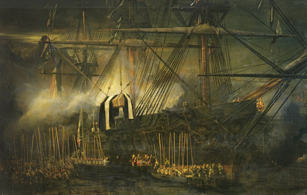 Napoleonin tuhkan lähetys "Belle-Poulen" laivalla Saint Helenassa, 15. lokakuuta 1840, 1842 tekijältä Eugene Isabey