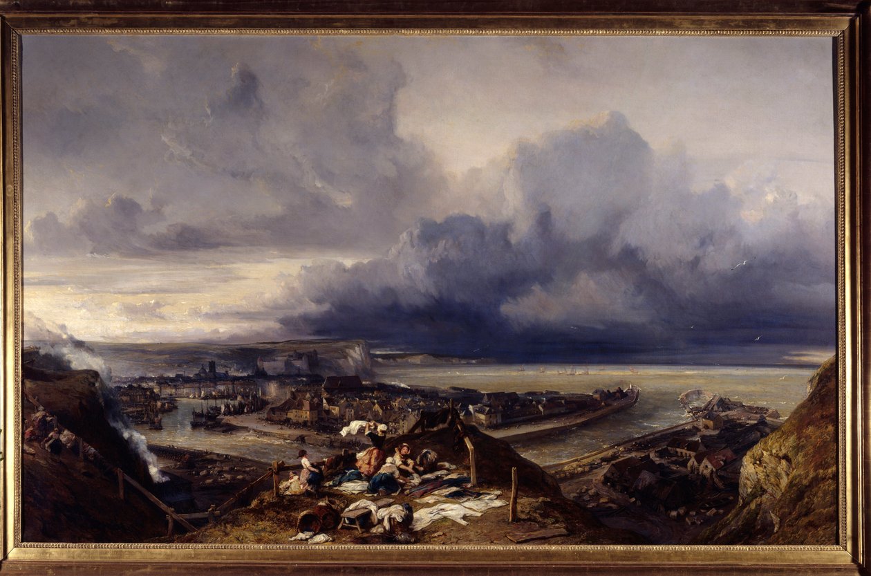 Näkymä Dieppen satamaan Normandiassa Lavandieres pesee pyykkiä telakoilla. Louis Gabriel Eugene Isabeyn (1803-1886) maalaus 1842 su. 1,64x2,51 m Nancy, musee des Beaux Arts tekijältä Louis Eugene Gabriel Isabey
