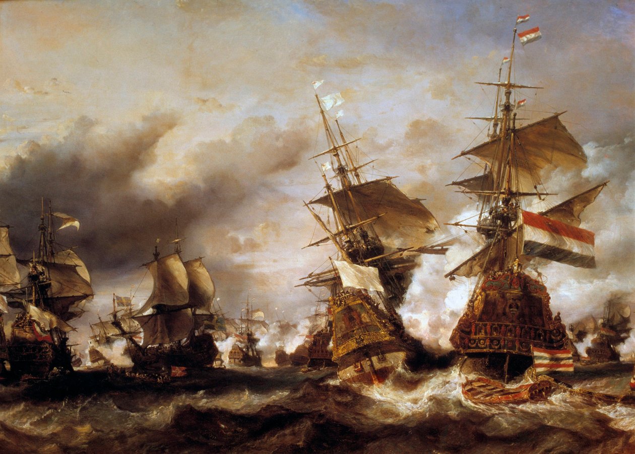 Sota Augsburgin liigaa vastaan: "" Texelin taistelu 29.6.1694, Jean Bartin (1650-1702) voitto Frieslandin amiraalin hollantilaisesta laivueesta"" Ranskalaiset kaappaavat hollantilaisia laivoja vehnään. Louis Gabriel Eugene Isabeyn (1803-1886) maalaus tekijältä Louis Eugene Gabriel Isabey