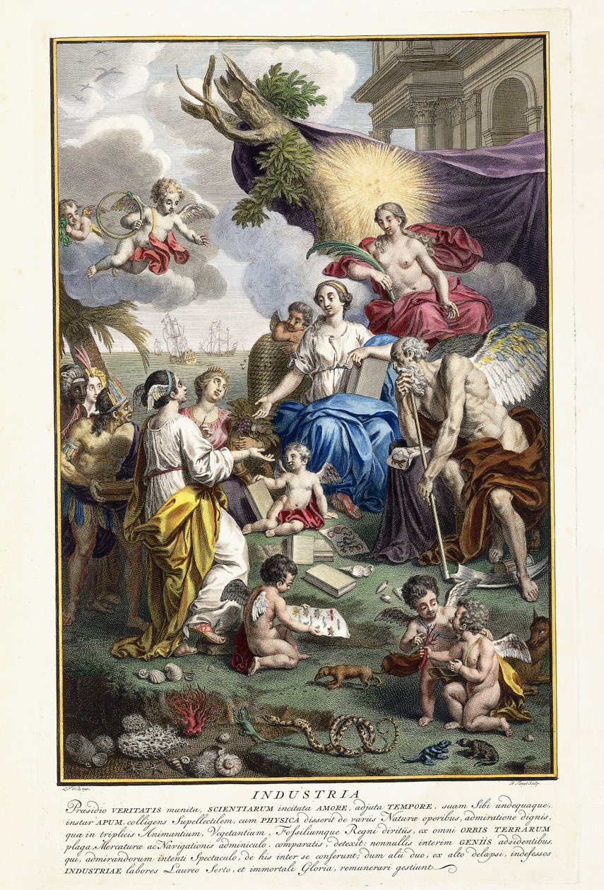 Teollisuus, etukappale teoksesta "Luonnonaarteiden tarkin kuvaus", 1734-1765 tekijältä Louis Fabricius Dubourg