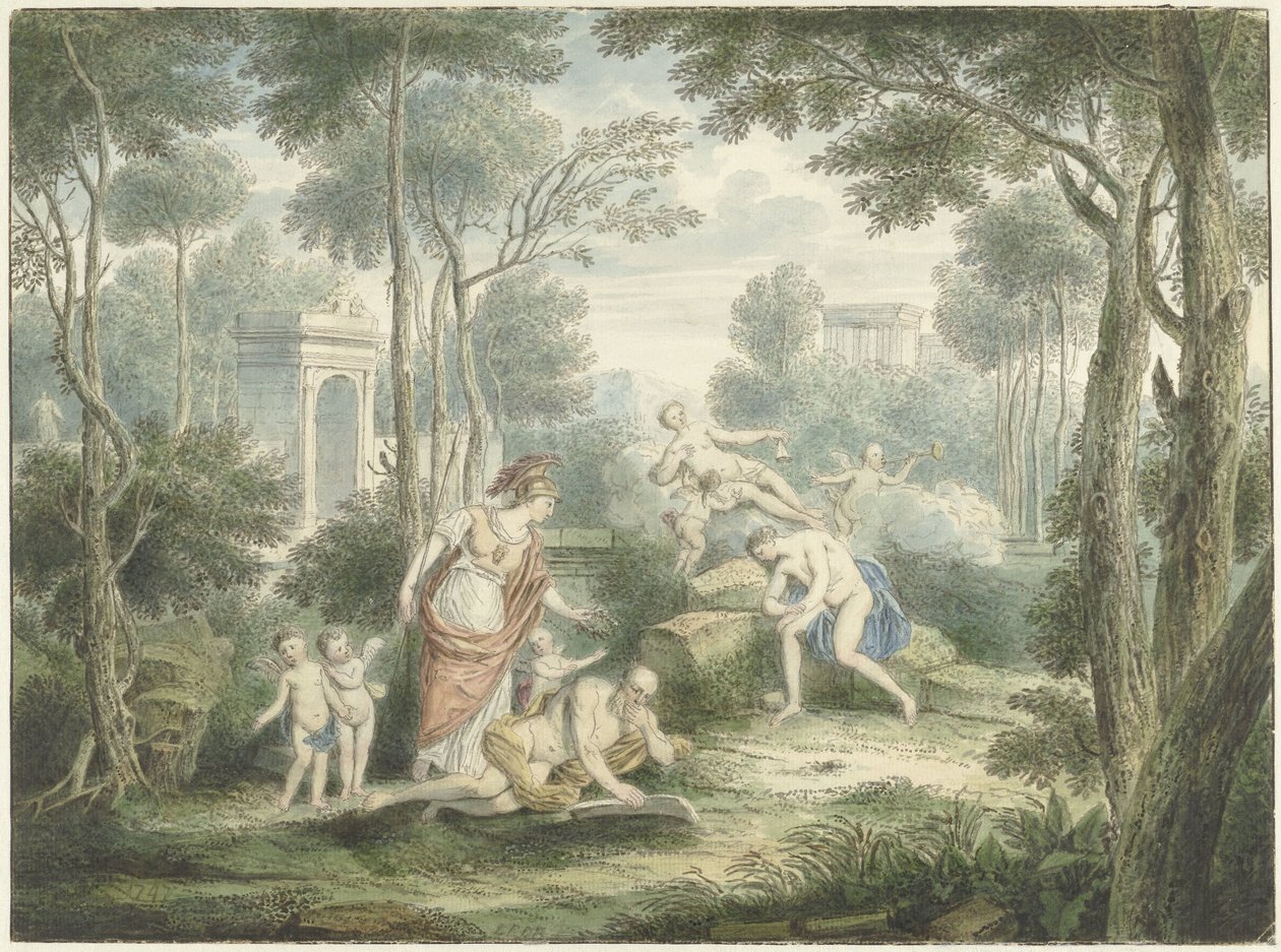 Arkadian maisema, jossa Athena kruunaa vanhan miehen sekä Venus ja Adonis tekijältä Louis Fabritius Dubourg