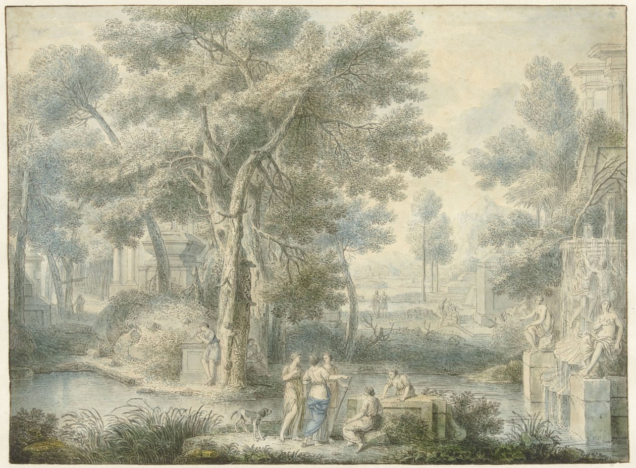 Arkadian maisema, jossa suihkulähde oikealla tekijältä Louis Fabritius Dubourg