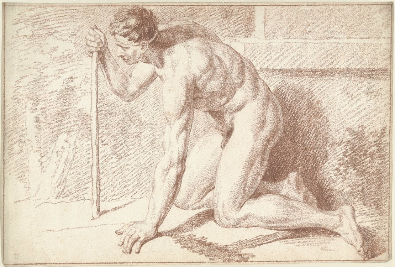 Mies alaston, polvillaan, kepillä, kasvot vasemmalle tekijältä Louis Fabritius Dubourg