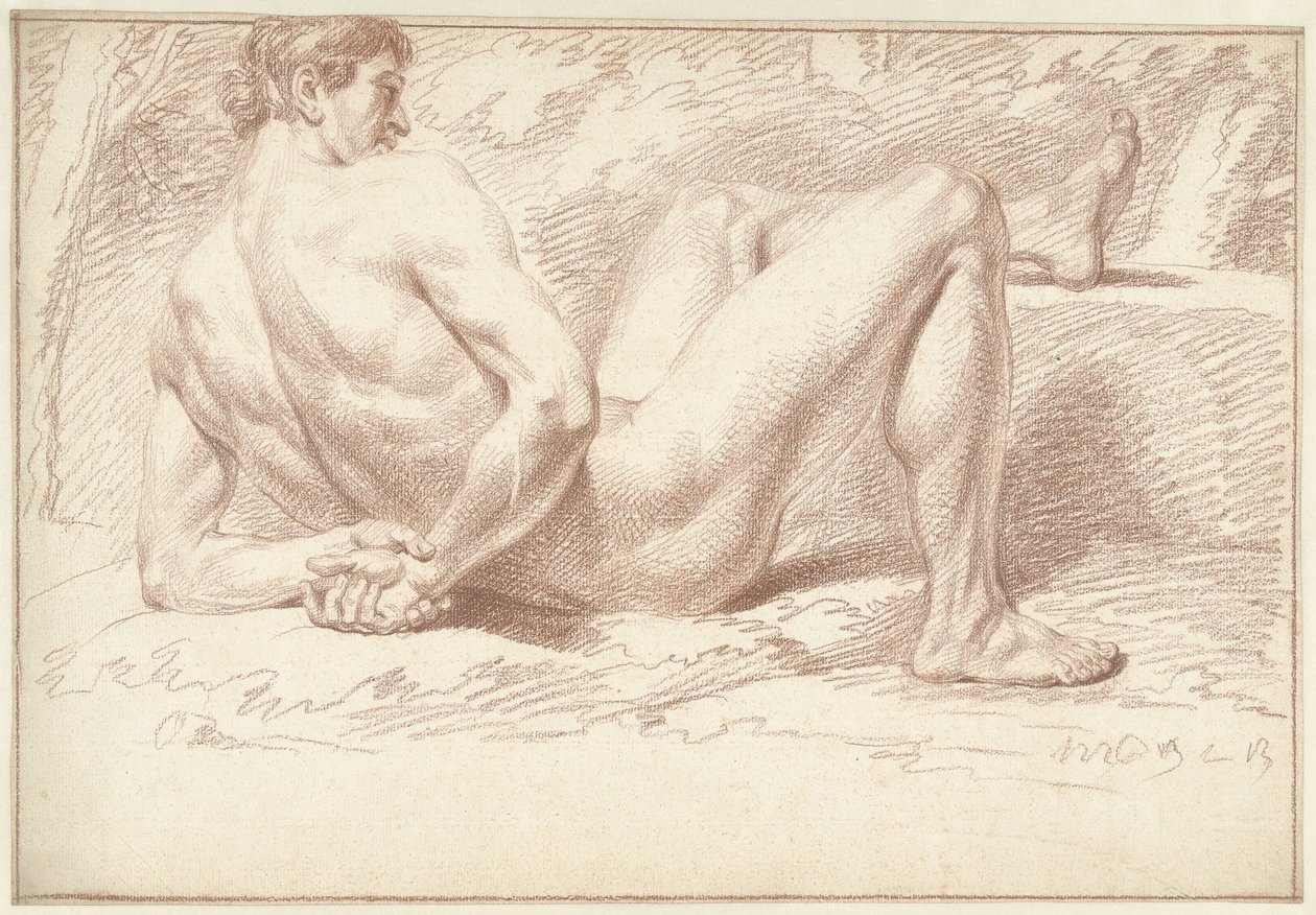 Mies alasti, makaa, kädet selän takana tekijältä Louis Fabritius Dubourg