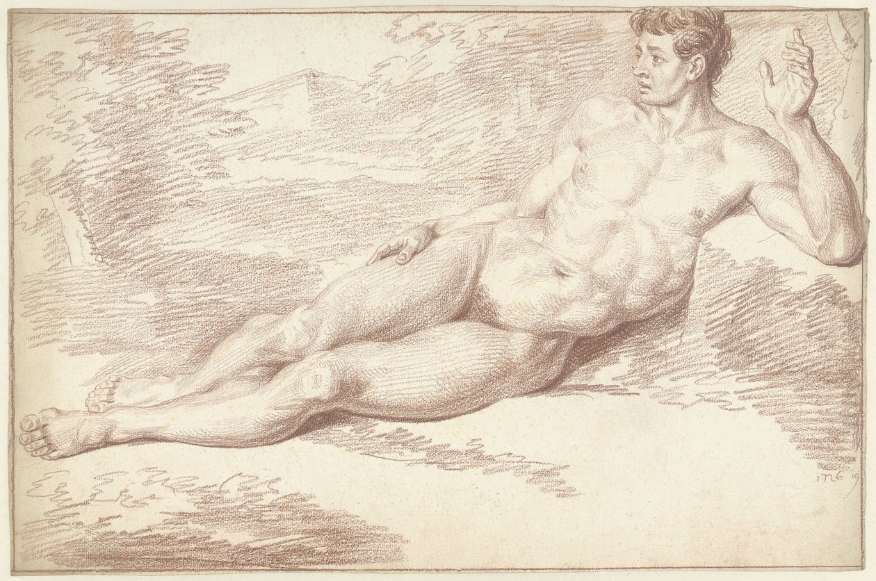 Mies alaston, kyljellään, kasvot oikealle tekijältä Louis Fabritius Dubourg