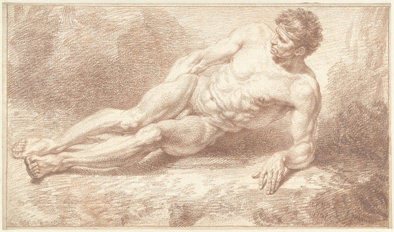 Mies alaston, makuuasennossa, lepää vasemmalla kädellä tekijältä Louis Fabritius Dubourg