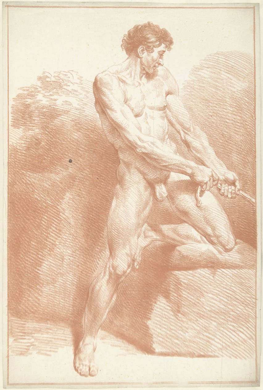 Mies alaston, seisoo, vetää köyttä tekijältä Louis Fabritius Dubourg