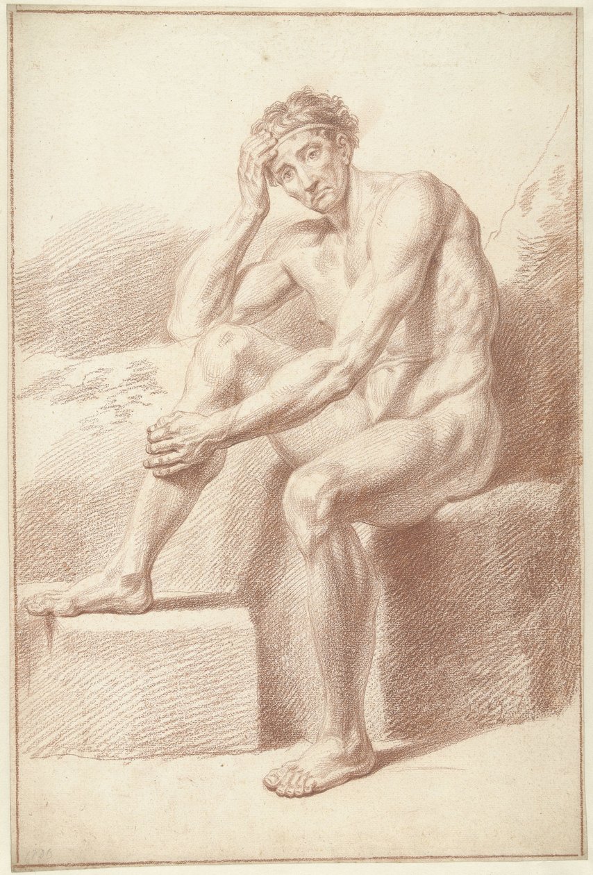 Mies alaston, istuu koukussa polvet tekijältä Louis Fabritius Dubourg