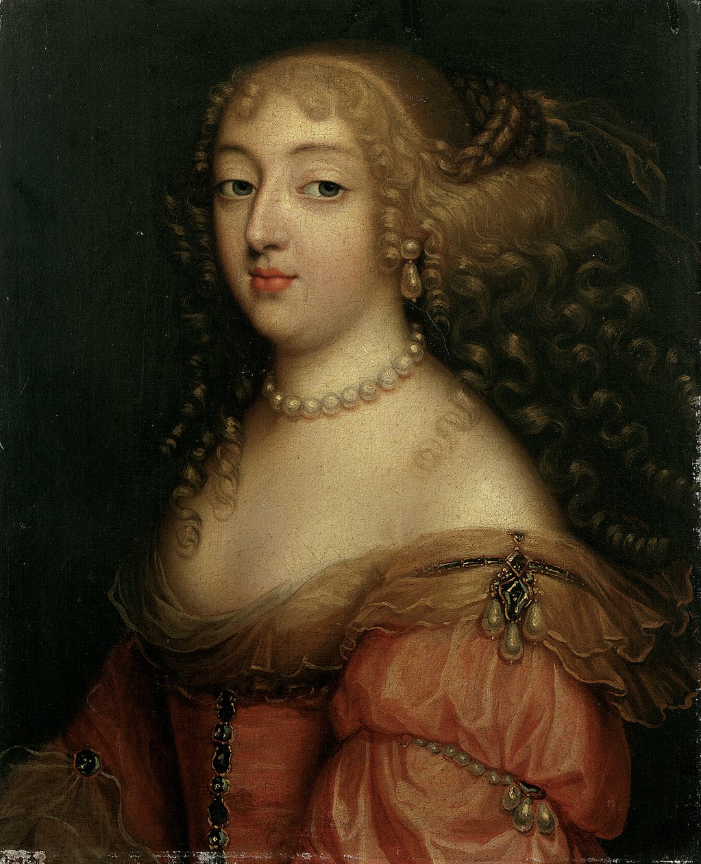 Naisen muotokuva, sanotaan olevan Laura Mancini, herttuatar de Mercoeur, rinnanpituus, punaisessa mekossa, helmikaulakoru ja korvakorut tekijältä Louis Ferdinand Elle