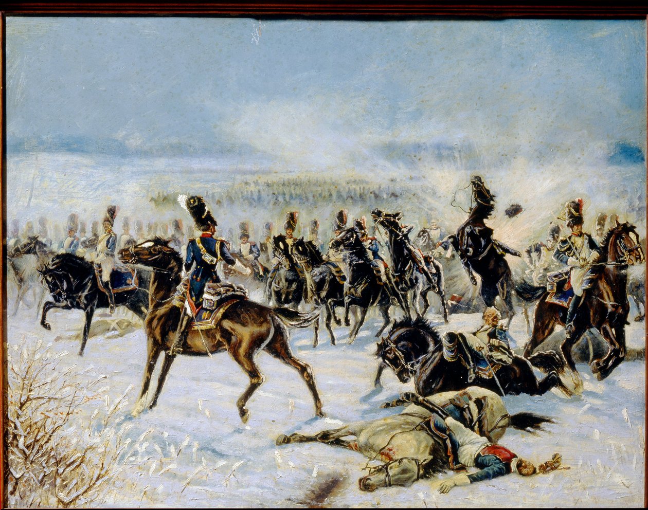Eylaun taistelu, 20. helmikuuta 1807. (Preussisch Eylaun taistelu 8. helmikuuta 1807). Sotilaallinen yhteenotto Ranskan Napoleon I:n Grande Armeen (1769-1821) ja Venäjän imperiumin välillä. Louis Ferdinand Malespinan (1874-1940) teos, öljy n tekijältä Louis Ferdinand Malespina