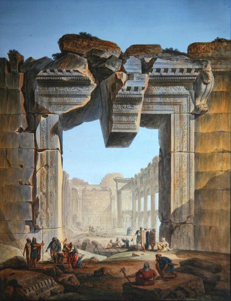 Baalbecin auringontemppelistä etelään sijaitsevan temppelin pääportti, n. 1800 (värikaiverrus) tekijältä Louis Francois (after) Cassas