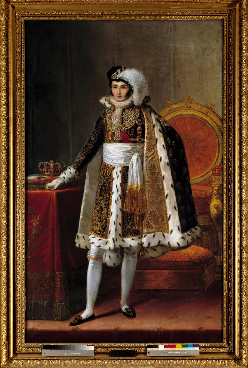 Muotokuva Westfalenin kuninkaan Jerome Bonaparten (1784-1860) jalassa. Puvussa Wesfalenin kuninkaallisen kruunun ritarikunnan komentajana, noin 1810. Louis Francois Aubryn (1767-1851) tai Francois Joseph Kinsonin (Kinsoen) (1770-1839) maalaus. tekijältä Louis Francois (attr. to) Aubry