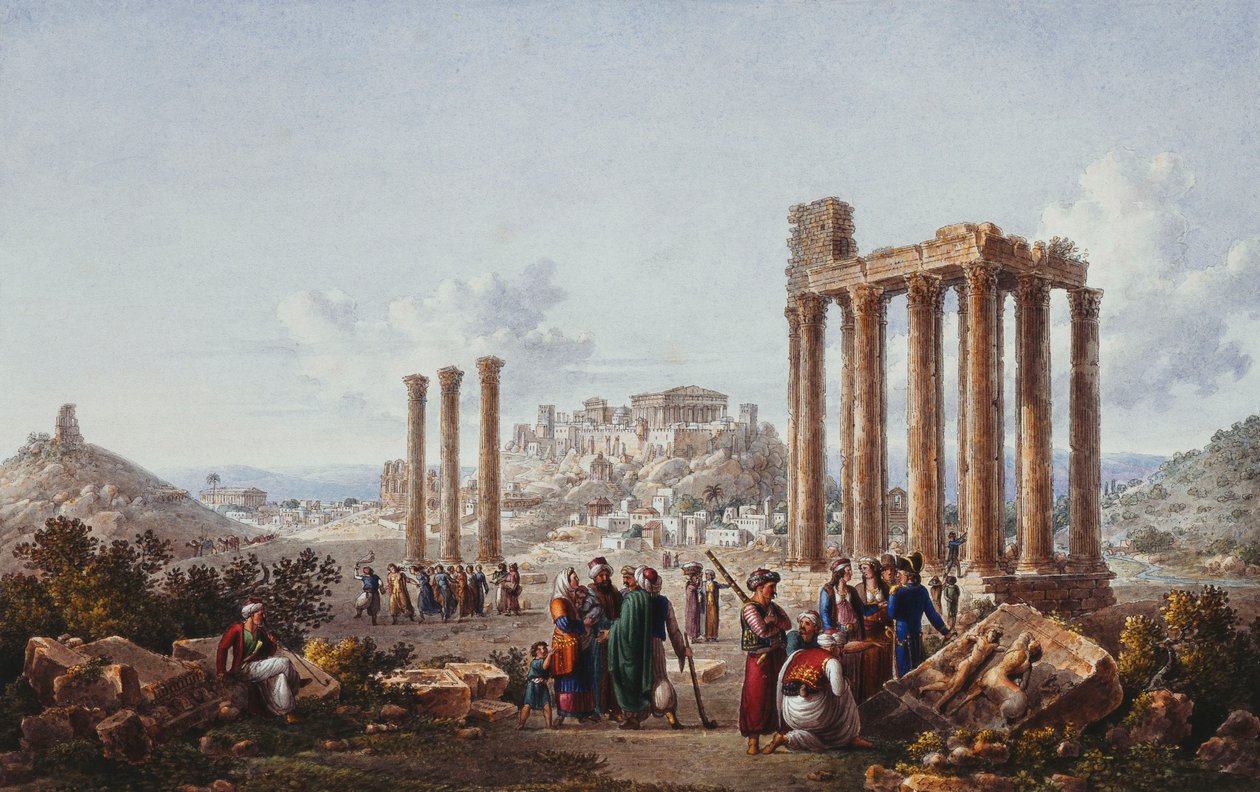 Näkymä Ateenan Akropolikselle Zeuksen temppelistä Olympiassa, n. 1786-87 tekijältä Louis Francois Cassas
