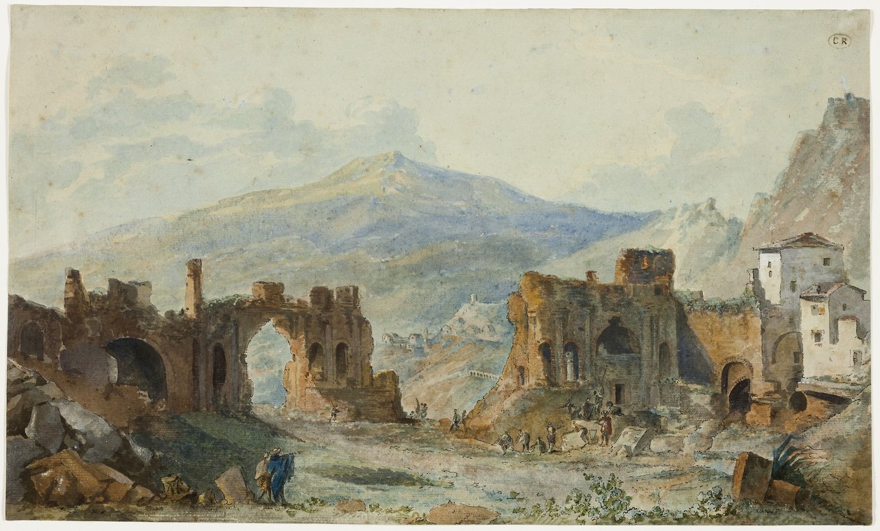 Taorminan muinainen teatteri ja näkymä Etna-vuorelle, tutkimus Saint Nonin Voyage Pittoresque de Napoli et de Sicile -teosta varten. tekijältä Louis Francois Cassas
