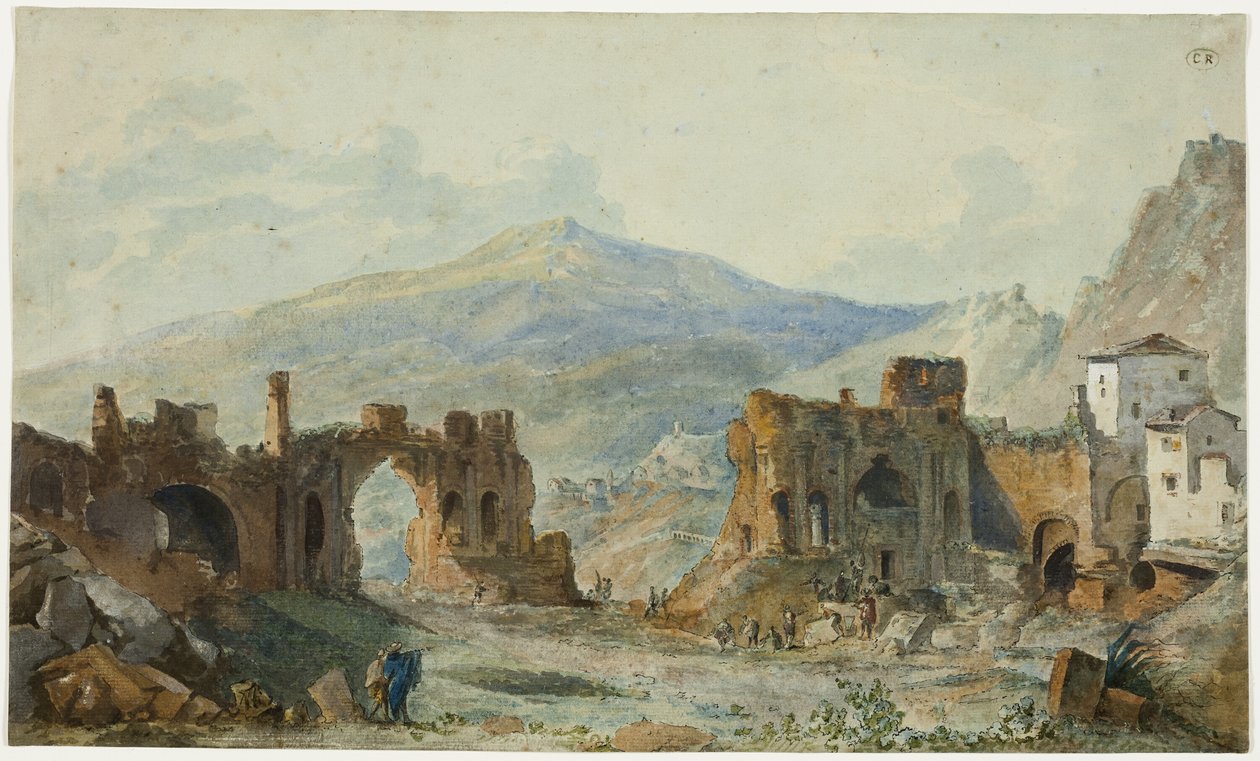 Taorminan muinainen teatteri ja näkymä Etna-vuorelle, tutkimus Saint Nonin teosta Voyage Pittoresque de Napoli et de Sicile varten. tekijältä Louis Francois Cassas