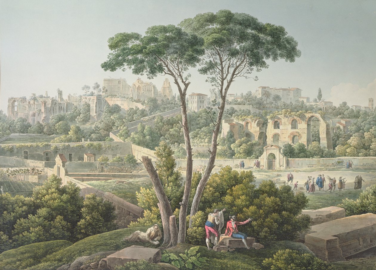 Näkymä Palatinuksen kukkulalle Roomassa, taustalla keisarillisen palatsin rauniot, n. 1800 tekijältä Louis Francois Cassas