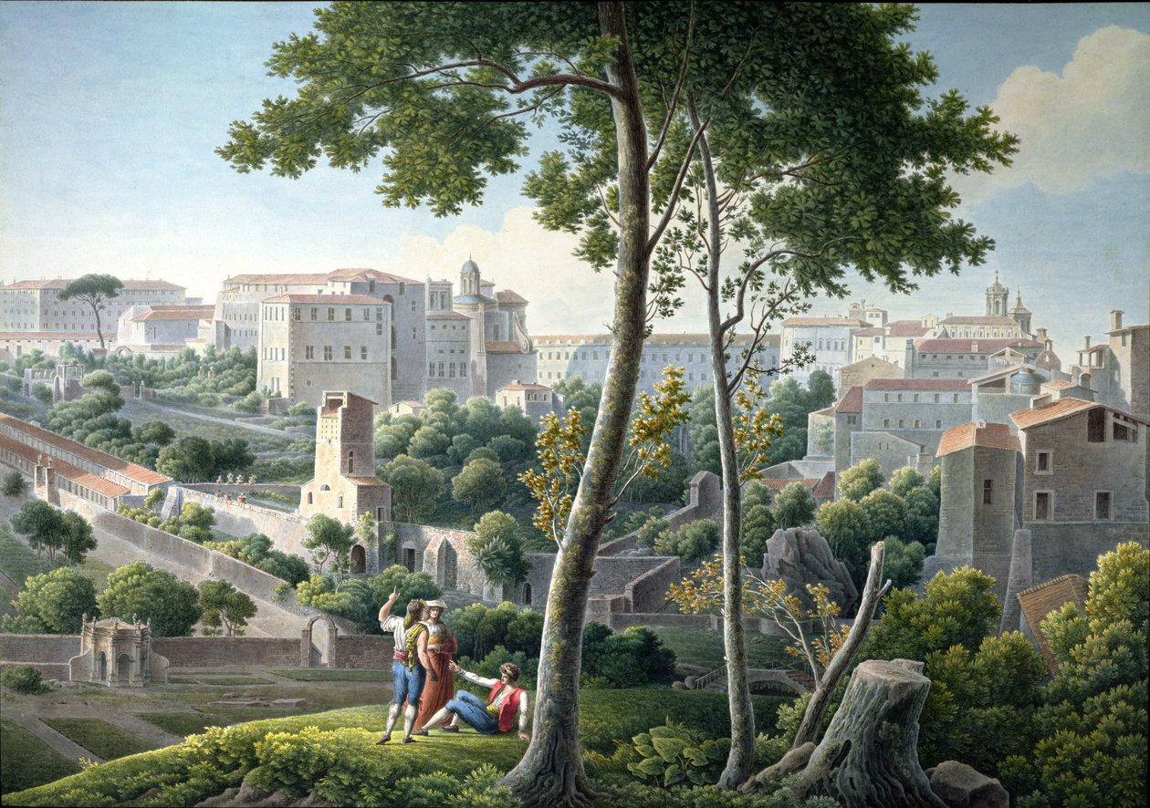 Näkymä Quirinalin kukkulalle Roomassa, taustalla Villa Colonna, n. 1800 tekijältä Louis Francois Cassas