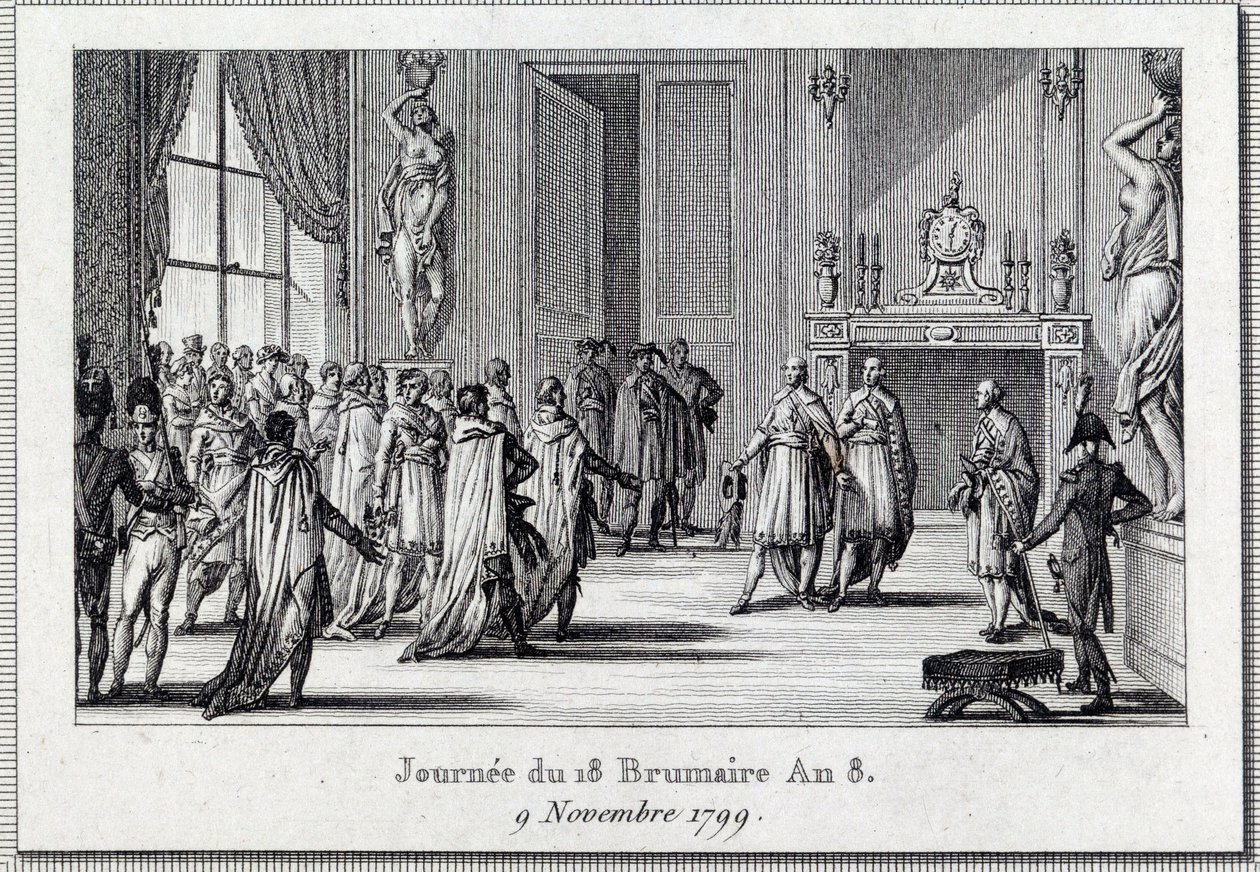 Konsulaatti: "" Napoleon Bonaparte (1769-1821) Saint Cloudin kokouksessa 18. brumaire (9.11.1799)" Napoleon Bonaparten 18 brumairen vallankaappaus viiden sentin (viiden sentin) neuvostossa ) (500 hengen huone), kranaatterien suojaama, päättyy D tekijältä Louis Francois Couche