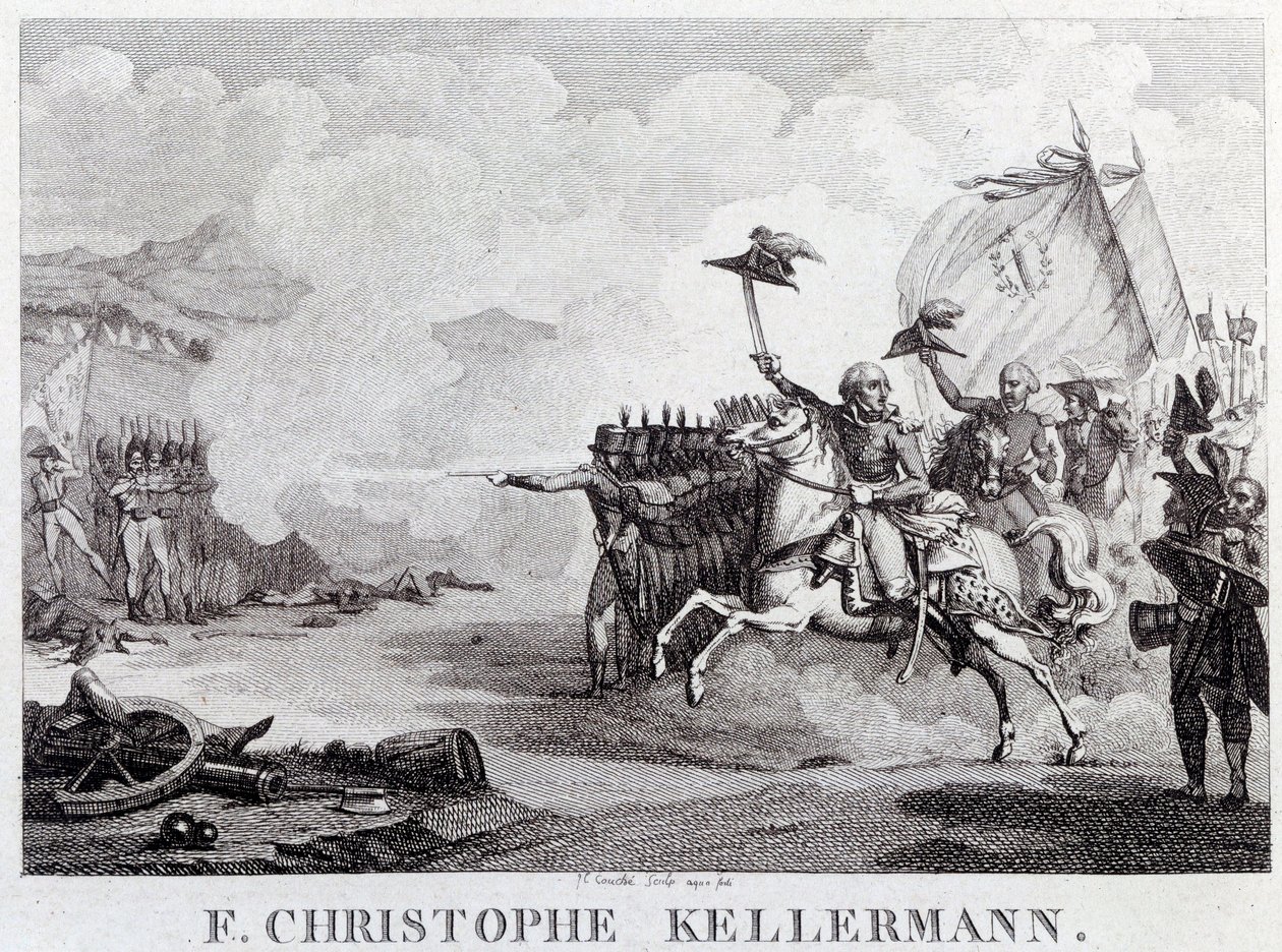 Ranskan vallankumous: "" kenraali ja marekaali Francois Christophe Kellermann (1735-1820) Valmyn taistelun aikana 20.9.1792"" Louis Francois Couchen (1782-1849) kaiverrus 1700-luvun Pariisi, Musee Carnavalet tekijältä Louis Francois Couche