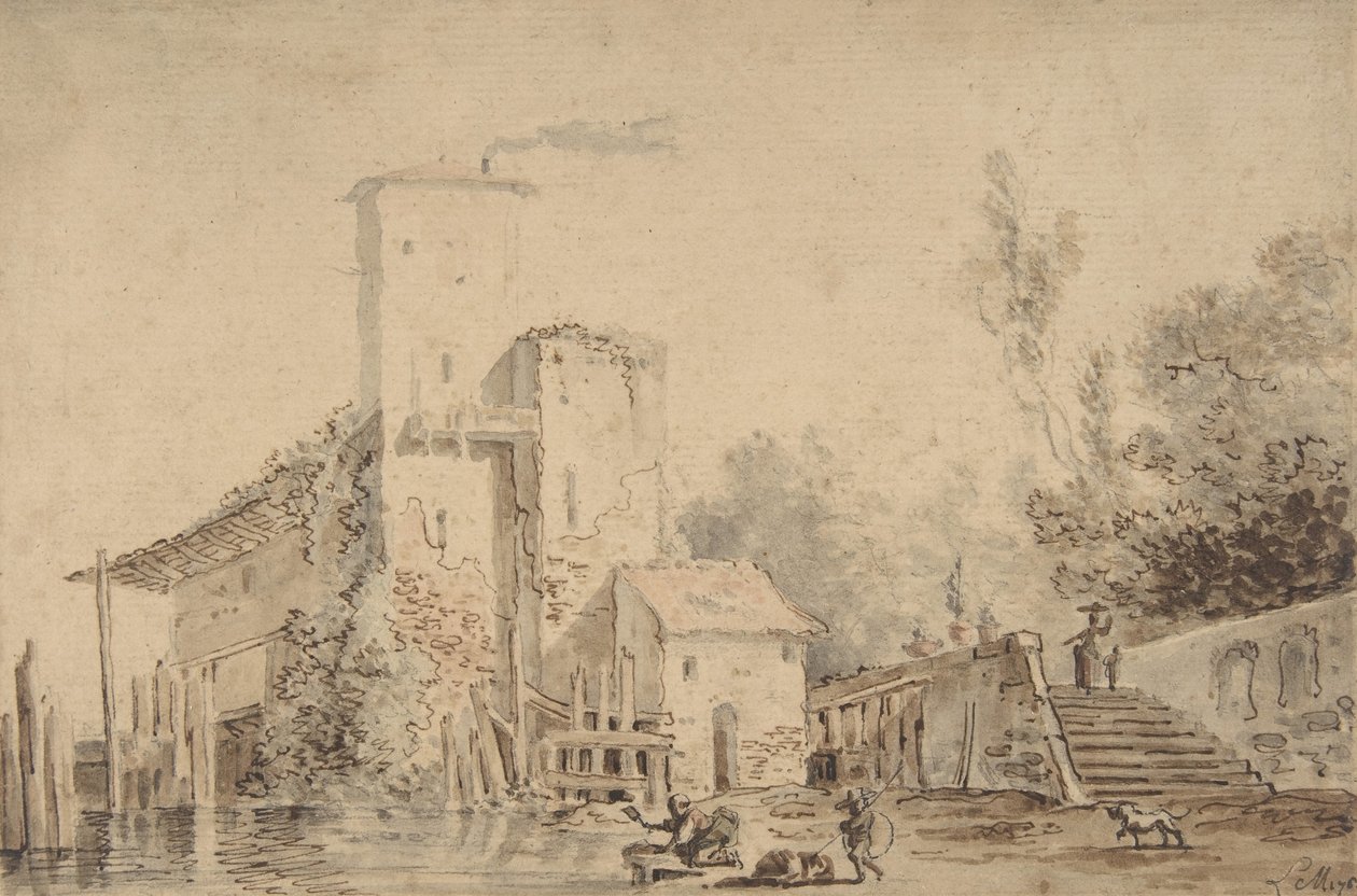 Maalaistalo joen rannalla hahmoineen, 1765. tekijältä Louis Gabriel Moreau