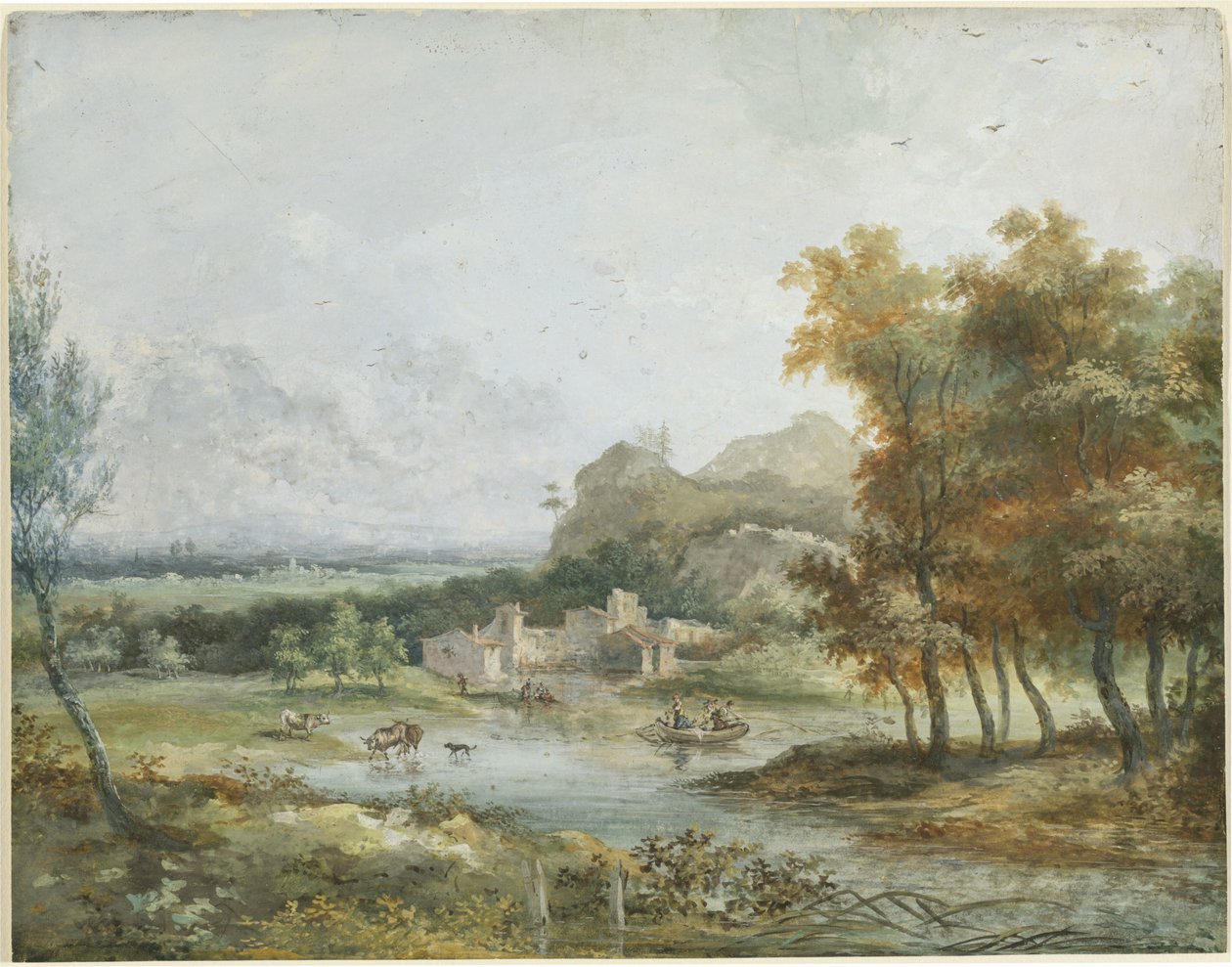 Italian maisema ja veneilyjuhlat tekijältä Louis Gabriel Moreau the Elder